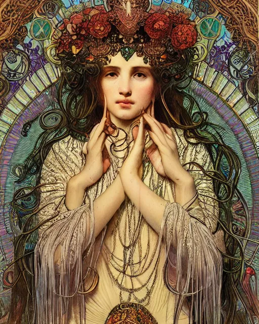 Image similar to portrait of a beatiful young goddess with intricate jellyfish headdress, dark background, intricate hyper detailed art by ernst haeckel and alphonse mucha,