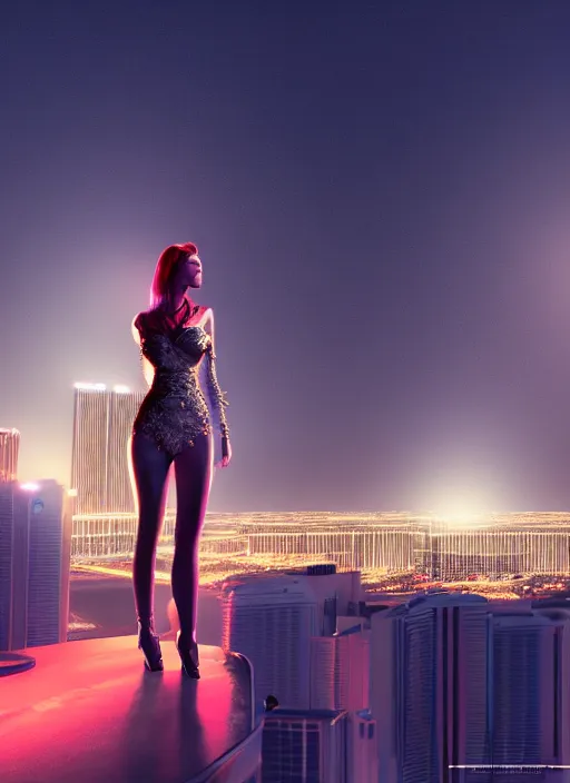 Image similar to full body portrait, duchess of blood, night shot of las vegas in background, highly detailed, CGsociety, subtle, concept art, HDR, hyper realistic, volumetric lighting, subsurface scattering, unreal