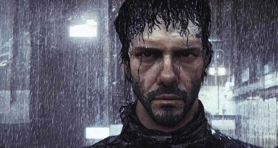 Prompt: thick rain. grizzled face portrait. screenshot from the liveaction cyberpunk detective show. on the streets. moody. masterpiece masterwork, magnum opus, monumental achievement, classic gem, showpiece. octane render. nvidia amd graphics demo. lighting. trending. artstation cgsociety behance. 4 k. beyond style stylish polished slick smooth spectacle spectacular fantastic staggering stunning flashy.