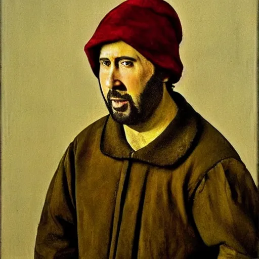 Image similar to Painting of Nicolas Cage as a dutch farmer, painted by Vermeer.