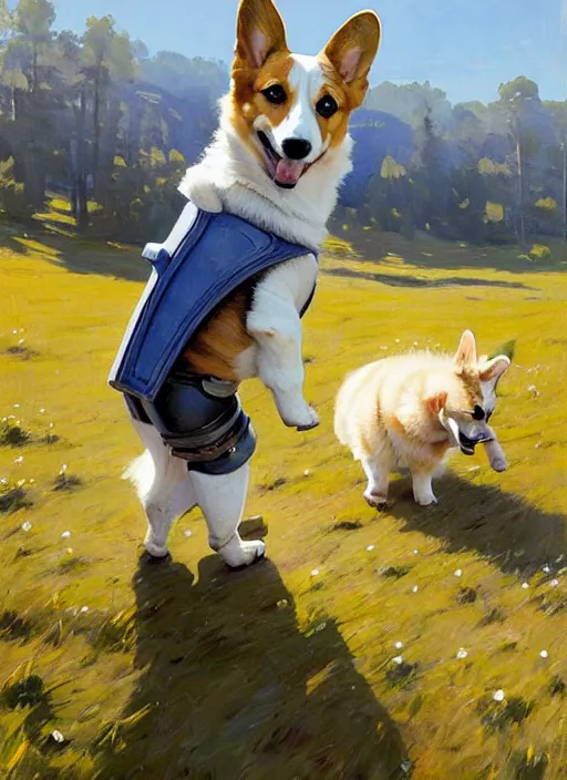 Image similar to Greg Manchess painting of a Corgi in Power Armor, countryside, calm, fantasy character portrait, dynamic pose, above view, sunny day, artwork by Jeremy Lipkin and Giuseppe Dangelico Pino and Michael Garmash and Rob Rey, very coherent asymmetrical artwork, sharp edges, perfect face, simple form, 100mm