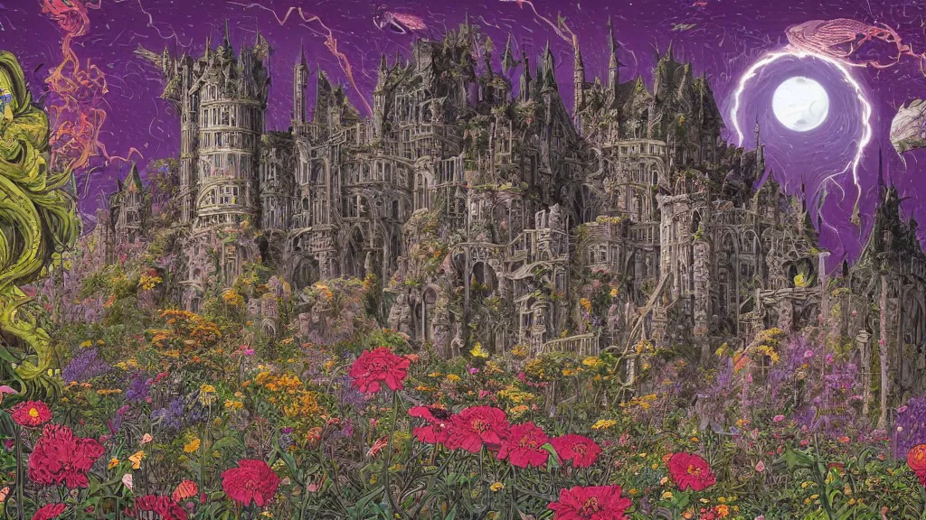 Prompt: highly detailed illustration of a gothic castle exploded by all the known species of flowers by juan gatti, by moebius!!,, by oliver vernon, by joseph moncada, by damon soule, by manabu ikeda, by kyle hotz, by dan mumford, by kilian eng