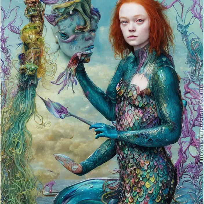 Image similar to a portrait photograph of sadie sink as a brightly colored mermaid alien hybrid with wet mutated skin. wearing an growing organic catsuit. by tom bagshaw, donato giancola, hans holbein, walton ford, gaston bussiere, brian froud, peter mohrbacher and magali villeneuve. 8 k, cgsociety