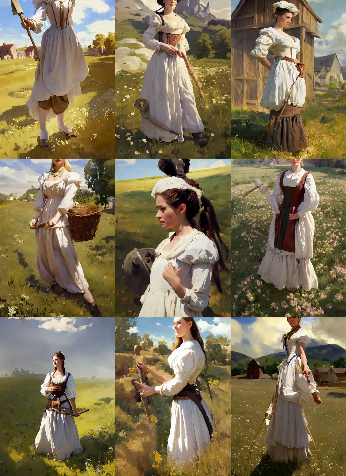 Prompt: finnish norway scandinavian attractive village maiden wearing 1 7 th century bodice working in the field in a sunny day, jodhpurs greg manchess painting by sargent and leyendecker, studio ghibli, fantasy, medium shot, asymmetrical, intricate, elegant, matte painting, illustration, hearthstone, by greg rutkowski, by greg tocchini, by james gilleard