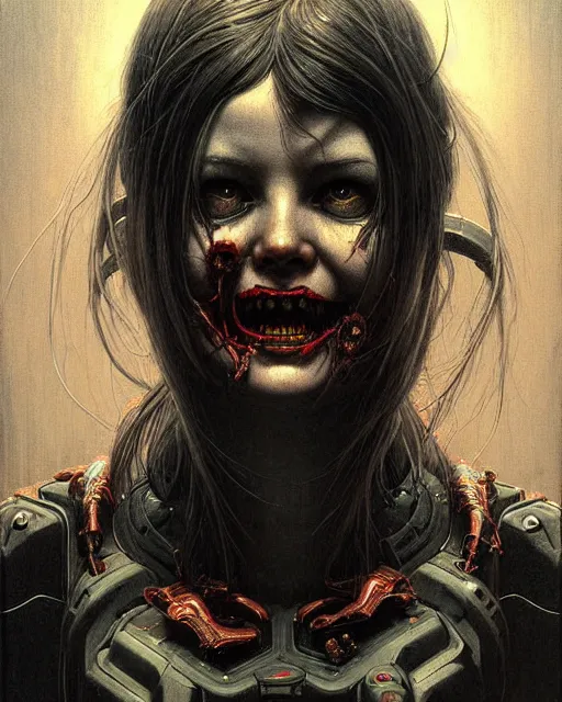 Prompt: d. va from overwatch, character portrait, portrait, close up, concept art, intricate details, highly detailed, horror poster, horror, vintage horror art, realistic, terrifying, in the style of michael whelan, beksinski, and gustave dore