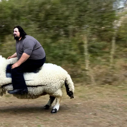 Prompt: morbidly obese keanu reeves riding a texel sheep, photo, detailed, 4 k