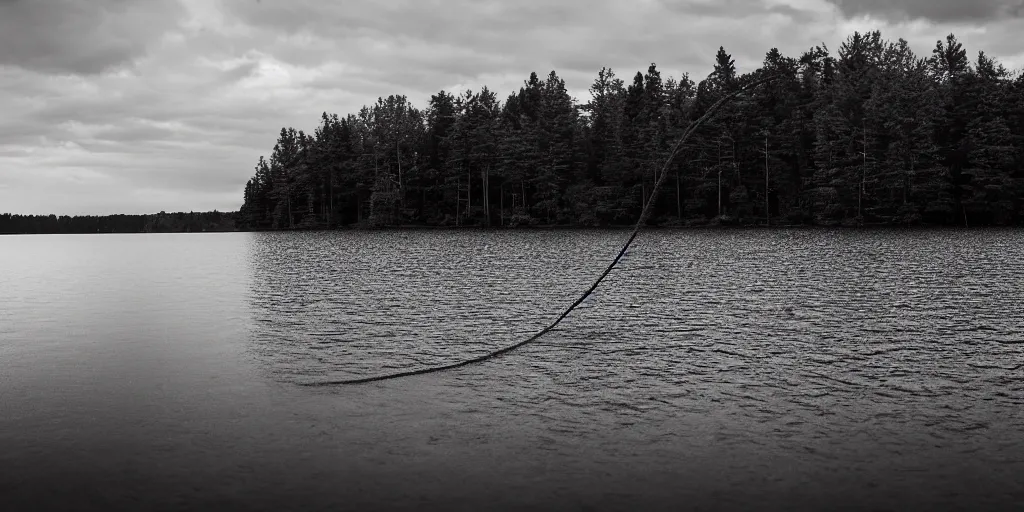 Prompt: centered photograph of a long rope snaking across the surface of the water, stretching out towards the center of the lake, a dark lake on a cloudy day, mood, trees in the background, anamorphic lens