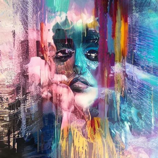 Image similar to glitchart of a young woman lucid dreaming in cyberspace photoreal, atmospheric by jeremy mann francis bacon and agnes cecile, ink drips paint smears digital glitches