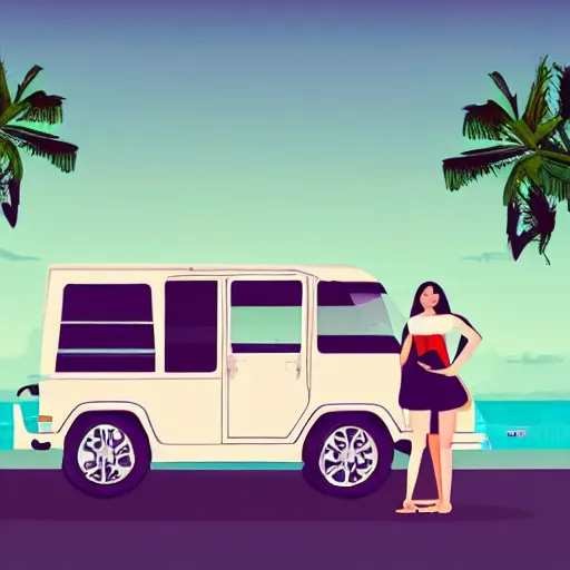 Image similar to a jeepney, palm tree, philippine sun and filipino girl wearing traditional clothes, stylized vector art, white background, trending on artstation