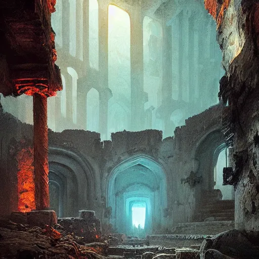 Image similar to Entrance to an ancient dungeon, ruins, walls covered in glowing runes, ominous, volumetric lighting, scenery, digital painting, highly detailed, artstation, sharp focus, illustration, concept art, ruan jia, steve mccurry