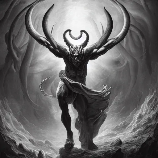 Image similar to full body, grayscale, Gustave Dore, muscled humanoid balrog beast, horns, heroic pose, swirling flames