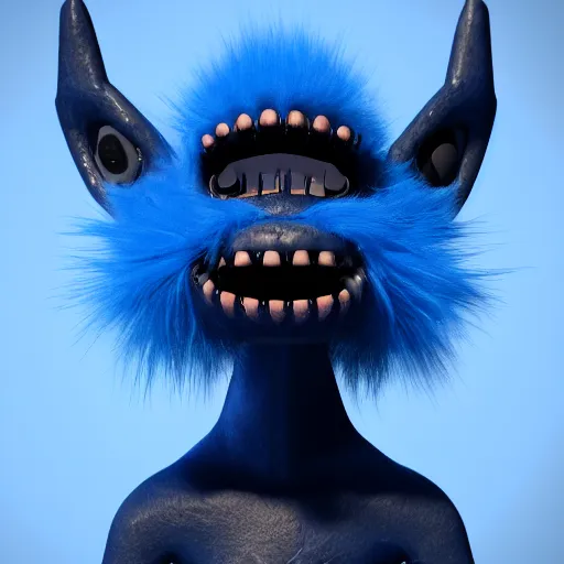 Prompt: blue creature with fur, a triangular shaped head, huge bright red lips, long sharp teeth, beady black eyes, spindly limbs, photorealistic, 3 d model, unreal engine, 4 k, artstation, trending