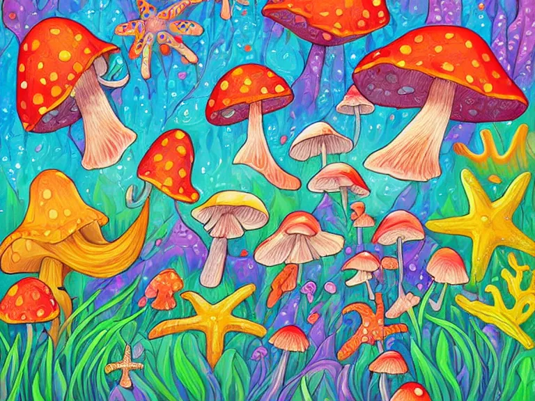 Image similar to digital painting detailed beach and shoreline starfish magical forest flowers mushrooms painted by jeremiah ketner