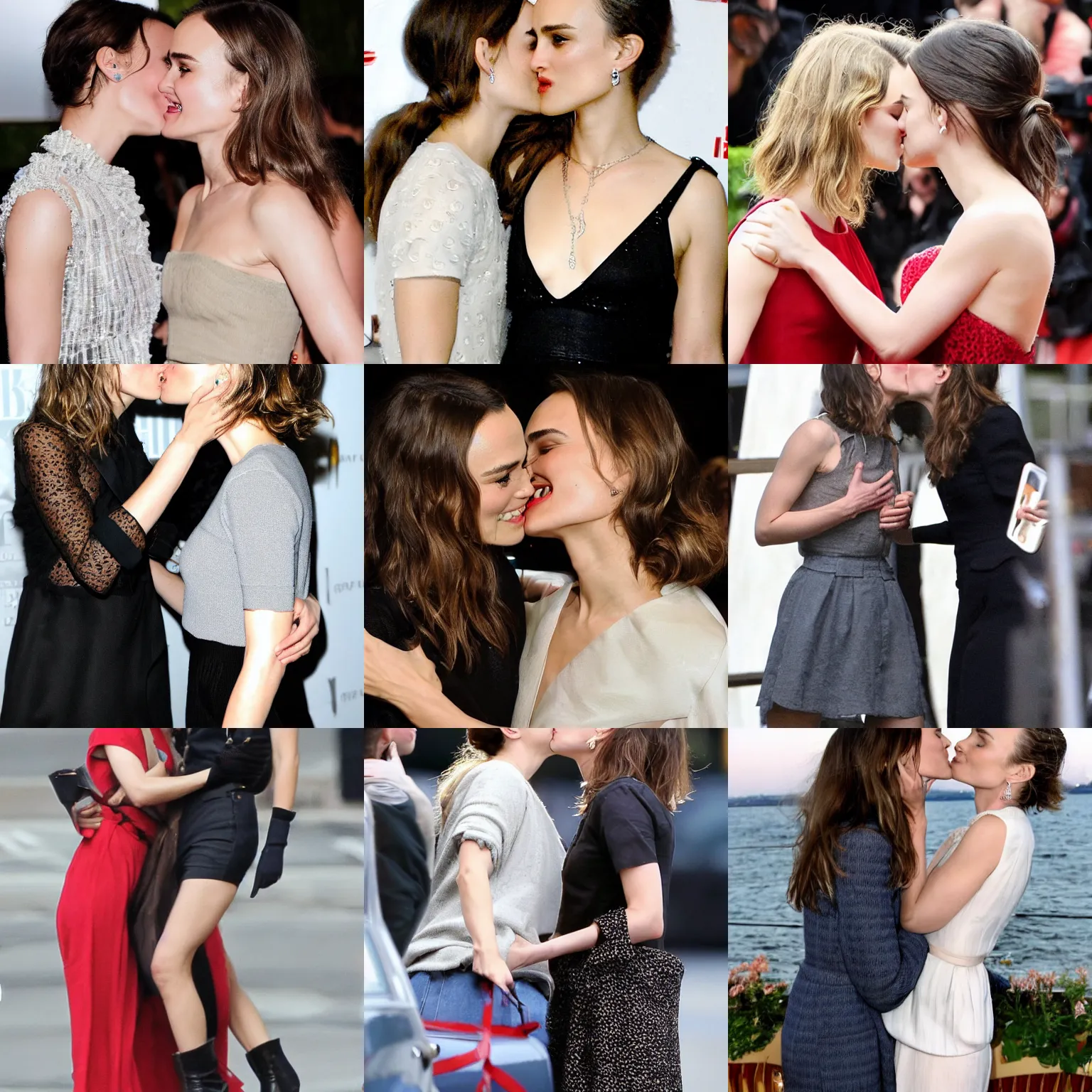 Prompt: keira knightley making out with natalie portman, candid photo, professional paparazzi photo, romantic kiss, two women