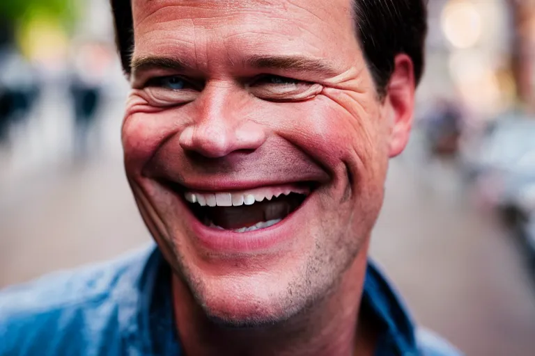 Image similar to closeup portrait of mark rutte laughing in an amsterdam street, natural light, sharp, detailed face, magazine, press, photo, steve mccurry, david lazar, canon, nikon, focus