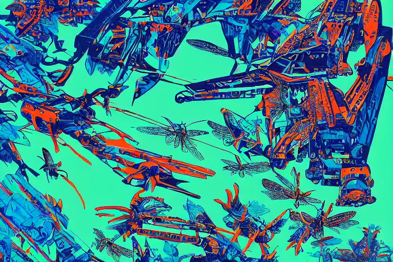 Image similar to risograph, gigantic mecha arzach birds with dragonflies, tiny rats, a lot of exotic animals around, big human faces everywhere, helicopters and tremendous birds, by satoshi kon and moebius, matte summer blue and neon orange colors, surreal psychedelic design, crispy, super - detailed, a lot of tiny details, 4 k, fullshot