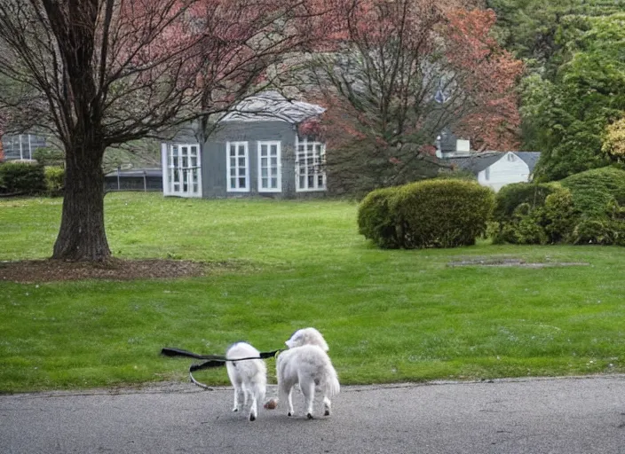 Image similar to the sour, dour, angry lady is walking her three tiny white dogs on leashes, looking down. she has gray hair. the old lady is wearing a long gray cardigan and dark pants. green house in background. large norway maple tree in foreground. view through window, across the road