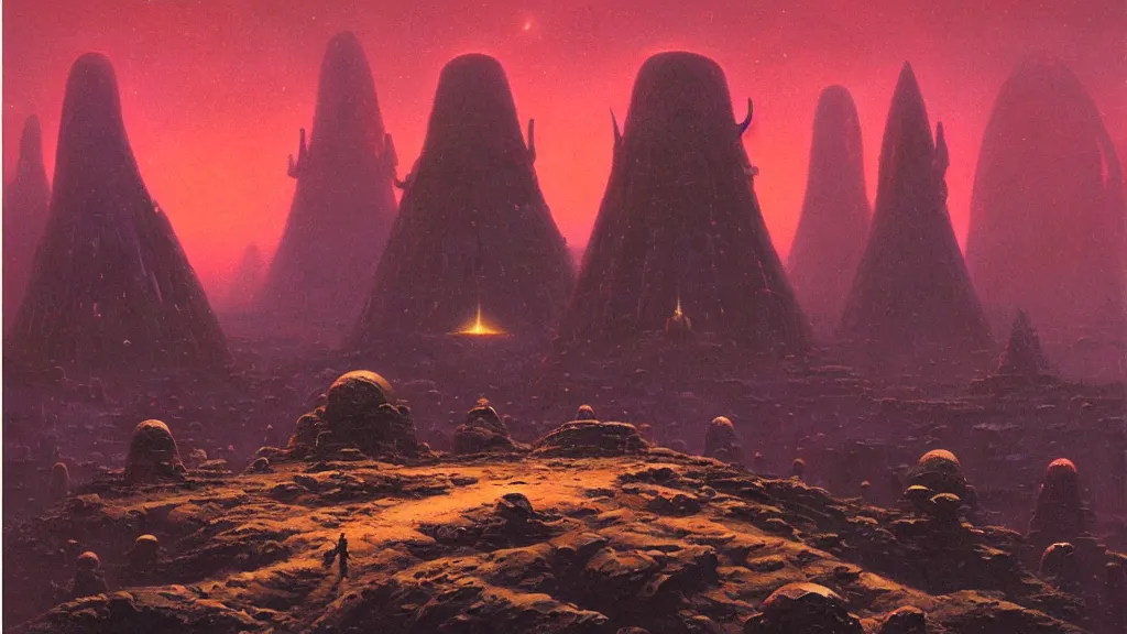 Image similar to mysterious monuments of an alien civilization by paul lehr and john schoenherr, cinematic matte painting