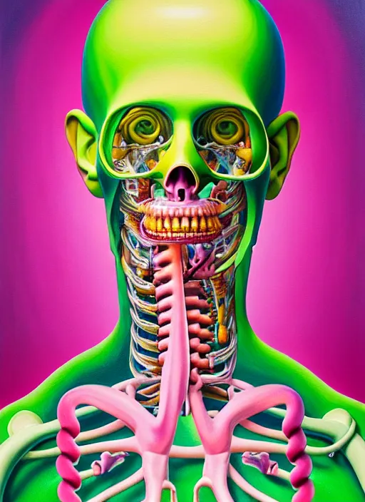 Image similar to a beautiful and highly detailed painting of an anatomical portrait wearing overalls, inside a grand room lined with paintings, emotionally expressive, oil painting, soft light, pink and green olour palette, cinematic composition, cinematic lighting, sharp focus, masterpiece by shusei nagaoka kaws, david rudnick, airbrush on canvas, pastell colors, cell shaded 8 k