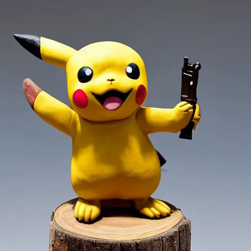 Image similar to clay sculpture of pikachu holding a gun and standing on a wooden desk, clay sculpture, 33mm, high res photo