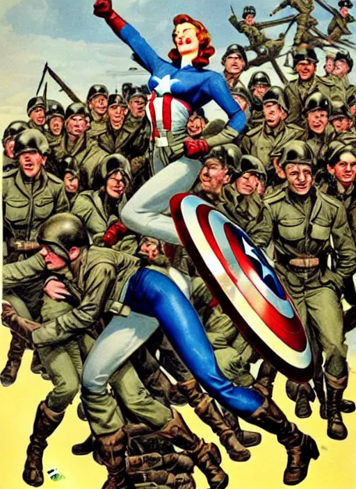 Image similar to beautiful female captain america standing on a pile of defeated german soldiers. feminist captain america wins wwii. american wwii propaganda poster by james gurney. overwatch