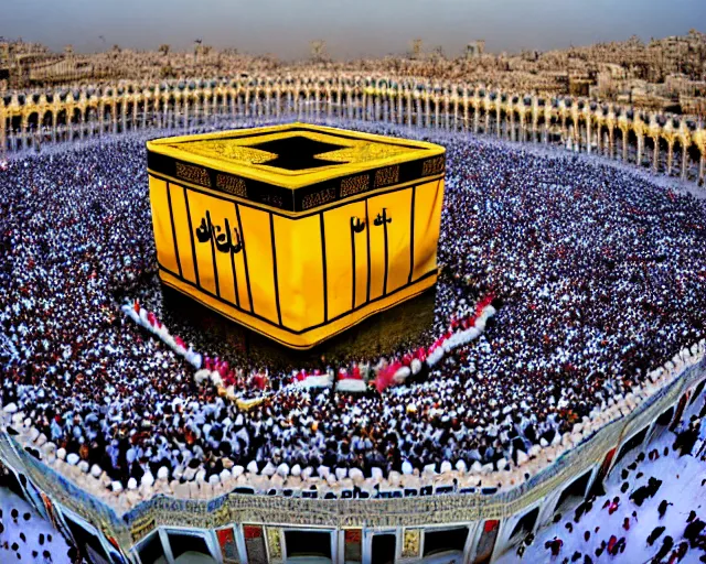 Prompt: The Kaaba (Arabic: ٱلْكَعْبَة, romanized: al-Kaʿbah, lit. 'The Cube', Arabic pronunciation: [kaʕ.bah]), also spelled Ka'bah or Kabah, sometimes referred to as al-Kaʿbah al-Musharrafah (Arabic: ٱلْكَعْبَة ٱلْمُشَرَّفَة, romanized: al-Kaʿbah al-Musharrafah, lit. 'Honored Ka'bah'), is a building at the center of Islam's most important mosque, the Masjid al-Haram in Mecca, Saudi Arabia.[1][2] It is the most sacred site in Islam.[3] It is considered by Muslims to be the Bayt Allah (Arabic: بَيْت ٱللَّٰه, lit. 'House of God') and is the qibla (Arabic: قِبْلَة, direction of prayer) for Muslims around the world when performing salah.