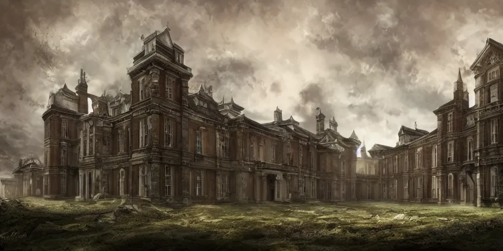 Prompt: Lunatic Asylum, exterior, majestic, detailed, epic scenery, dark fantasy, concept art