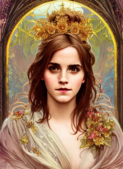 Image similar to Emma Watson as God of Beauty, cute, fantasy, intricate, elegant, highly detailed, digital painting, 4k, HDR, concept art, smooth, sharp focus, illustration, art by alphonse mucha,artgerm, H R Giger