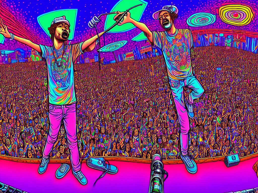 Image similar to rapping on stage at festival, holding microphone, giant crowd, epic angle, happy, psychedelic, hip hop, surreal, neon, vaporwave, detailed, illustrated by Alex Grey, 4k