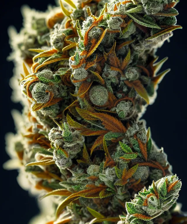 Prompt: epic scale cinematic character concept closeup macro photography of a marijuana bud showing crystals and trichomes, densely packed buds of weed, high times photography by greg rutkowski alphonse mucha alex grey hr giger artgerm cgsociety artstation