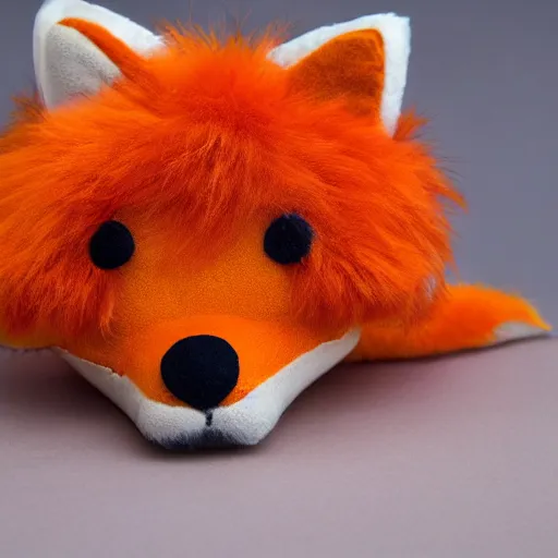 Image similar to Photorealistic furry orange exhausted Fox as a stuffed animal