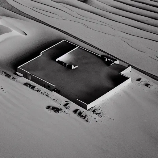 Prompt: A house designed by Miles Van Der Rohe in the middle of the sahara desert. Aerial View. Film Grain, Full color. Brown hue. Fujifilm.