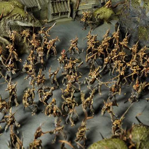 Prompt: photo taken of an epic intricate extremely detailed battlefield diorama, with highly detailed, exquisitely weathered 3 d printed characters. an army of high elves battling a horde of orcs, dragon fly overhead, macro shot, photorealistic, sharp focus, f 0. 4, golden ratio, soft light, 3 9 0 0 k