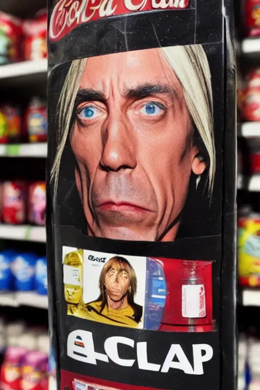 Prompt: a plastic bottle of cola with iggy pop's face on the label, sitting on a store shelf