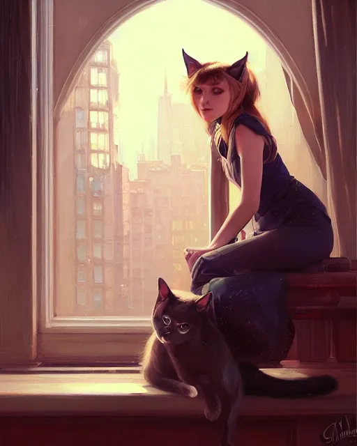 Prompt: a potrait of a girl with cat ears, fine details. night setting. realistic shaded lighting poster by craig mullism, artgerm, jeremy lipkin and michael garmash, unreal engine, radiant light, detailed and intricate environment, digital art, trending on art station
