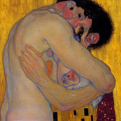 Image similar to a man hugging himself, Gustav Klimt painting