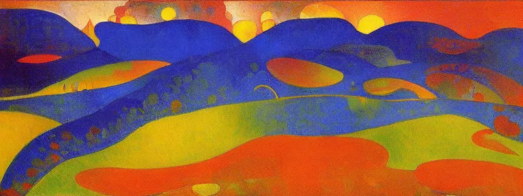 Image similar to An insane, modernist landscape painting. Wild energy patterns rippling in all directions. Curves, organic, zig-zags. Mountains, clouds. Rushing water. Waves. Psychedelic dream world. Odilon Redon. Andre Derain.