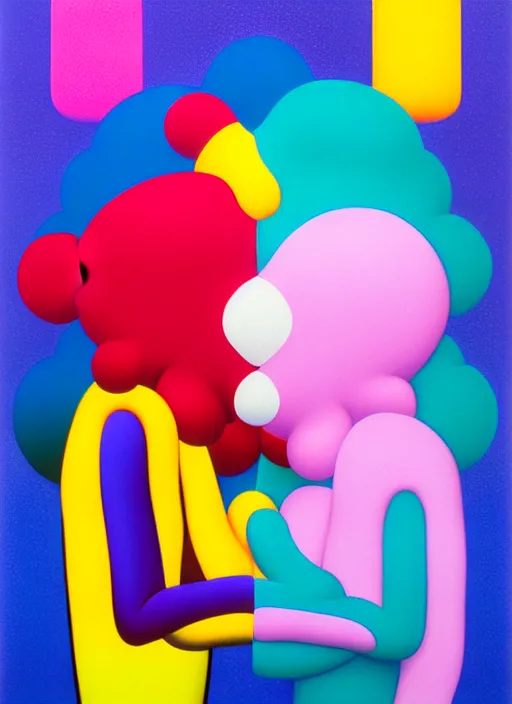 Image similar to kissing by shusei nagaoka, kaws, david rudnick, airbrush on canvas, pastell colours, cell shaded!!!, 8 k