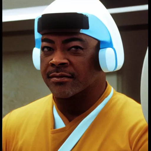 Image similar to Geordi La Forge wearing visor and a colander and random kitchen tools on his head