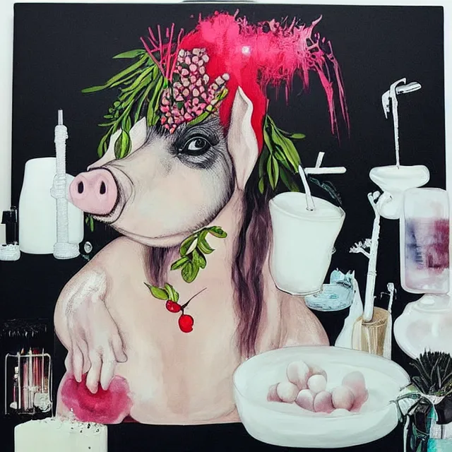 Image similar to “ a portrait in a female art student ’ s apartment, negative space, sensual, a pig theme, anaesthetic, art supplies, surgical iv drip, octopus, ikebana, herbs, white candles, squashed berries, berry juice drips, acrylic and spray paint and oilstick on canvas, surrealism, neoexpressionism ”