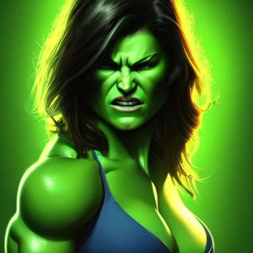 Image similar to beautiful Gina Carano skinny She Hulk green skin, middle shot, highly detailed, digital painting, artstation, concept art, smooth, sharp focus, illustration