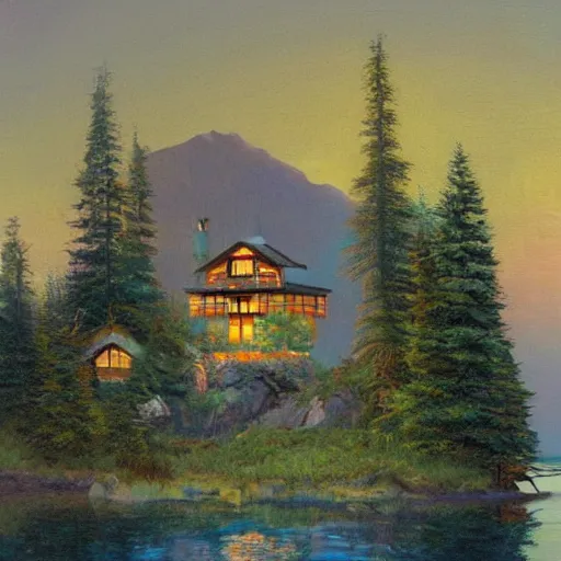 Prompt: small robot cottage at the edge of a lake in the mountains, painting by frank moth, soft glowing windows, early evening, reflections, pine trees, detailed, outlined