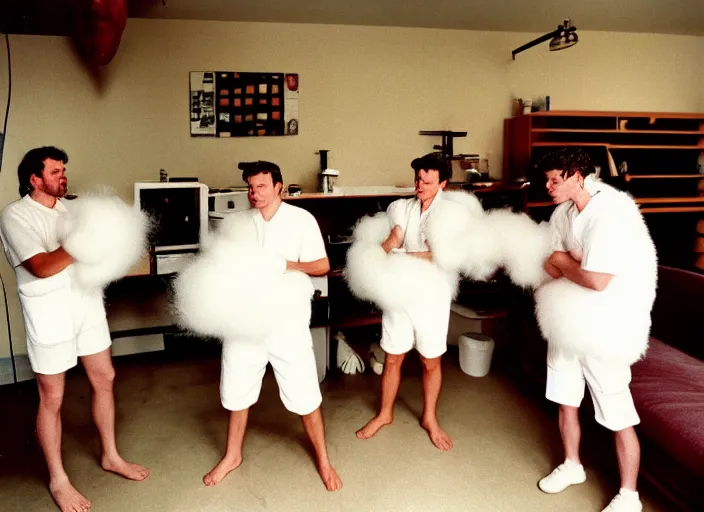 Prompt: realistic photo of a three birdmen wearing white shorts, watching at a levitating fluffy furry cloud, in a living room sci - fi laboratory with many wooden gadgets made of wood interior is made of wood 1 9 9 0, life magazine reportage photo, natural colors