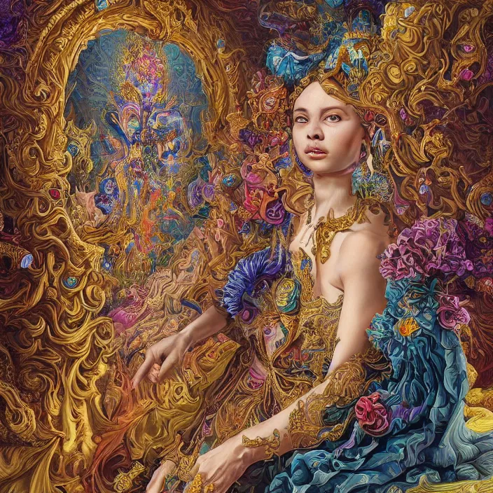 Image similar to beautiful oil painting, full length portrait of dauphinois in baroque coronation robes 1701, Dan Mumford, Dan Mumford, Alex grey, highly detailed , lsd visuals, dmt fractal patterns, hallucinogen, visionary art, psychedelic art, ornate, vaporwave, baroque, Greg rutkowski