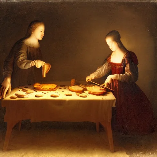 Image similar to one young man and one young woman baking waffles in romantic light painted by davinci