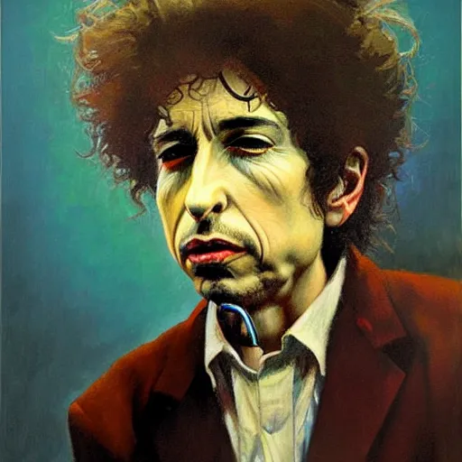 Image similar to caricature portrait of bob dylan, detailed face, detailed painting, epic lighting, by ilya repin, phil hale and kent williams