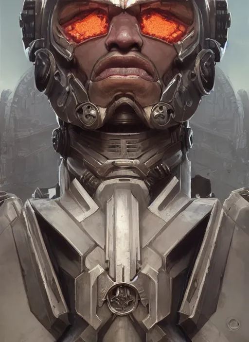 Image similar to hyper realistic portrait of warhammer android face symmetric cinematic, chaos marine, artstation, cgsociety, full head, greg rutkowski, james gurney, mignola, craig mullins, brom