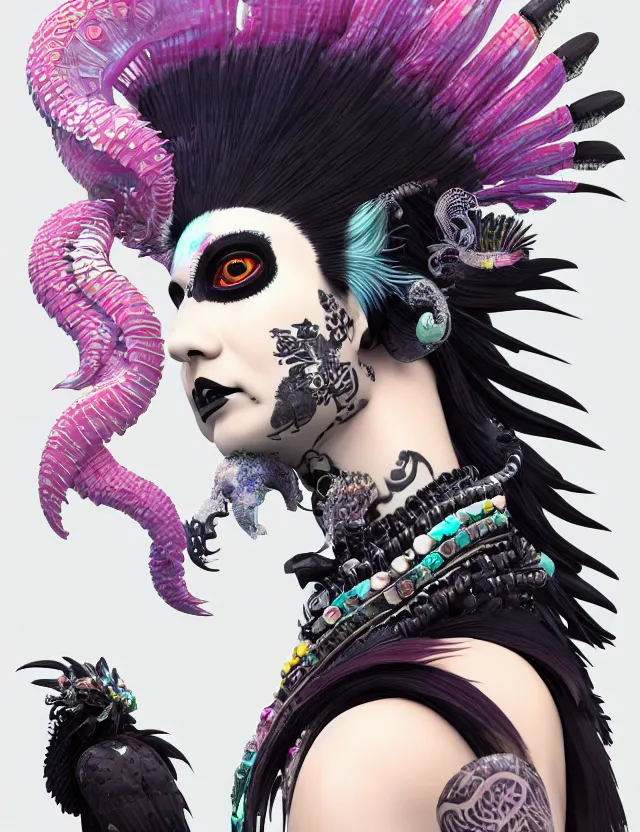 Image similar to 3 d goddess close - up profile portrait punk with mohawk with ram skull. beautiful intricately detailed japanese crow kitsune mask and clasical japanese kimono. betta fish, jellyfish phoenix, bio luminescent, plasma, ice, water, wind, creature, artwork by tooth wu and wlop and beeple and greg rutkowski