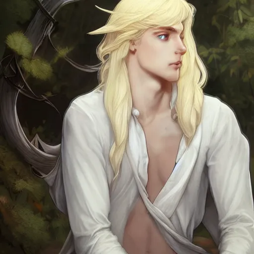 Image similar to Lucius the delicate androgynous pale blond prince league of legends on his day off, white poet shirt, long fluffy curly blond hair, highly detailed, digital painting, artstation, concept art, smooth, sharp focus, illustration, ArtStation, art by artgerm and greg rutkowski and alphonse mucha and Edmund Blair Leighton and Charlie Bowater