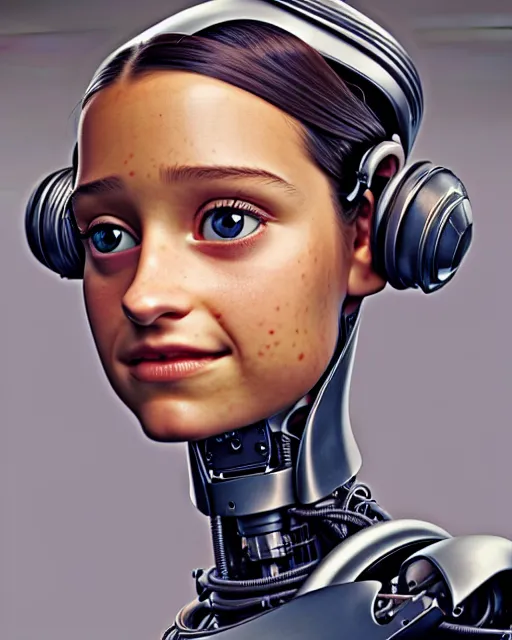 Image similar to weta disney pixar movie still head and torso portrait photo of young alicia vikander lying on her back on a mechanical table with a white ponytail as thoughtful intricate detailed mechanical plastic cyborg girl by pixar, by weta, wlop, ilya kuvshinov, rossdraws, artgerm, latex, iridescent, bright morning, anime, liosh, mucha